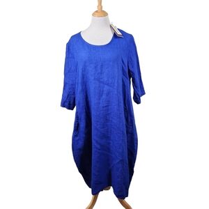 NWT Puro Lino Women's Blue 100% Linen Flax 3/4 Sleeve Dress Made in Italy
